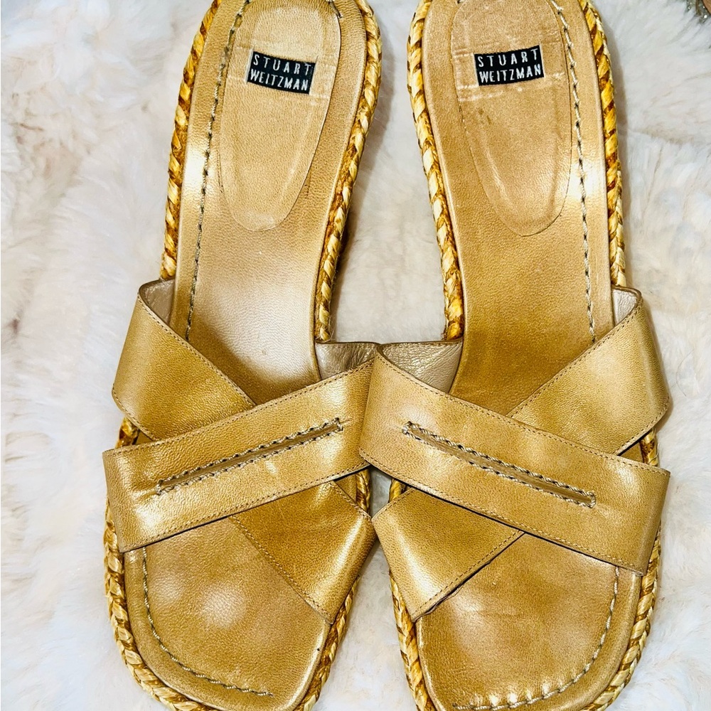 Stuart Weitzman Gold Platform Shoes with Crisscross Straps